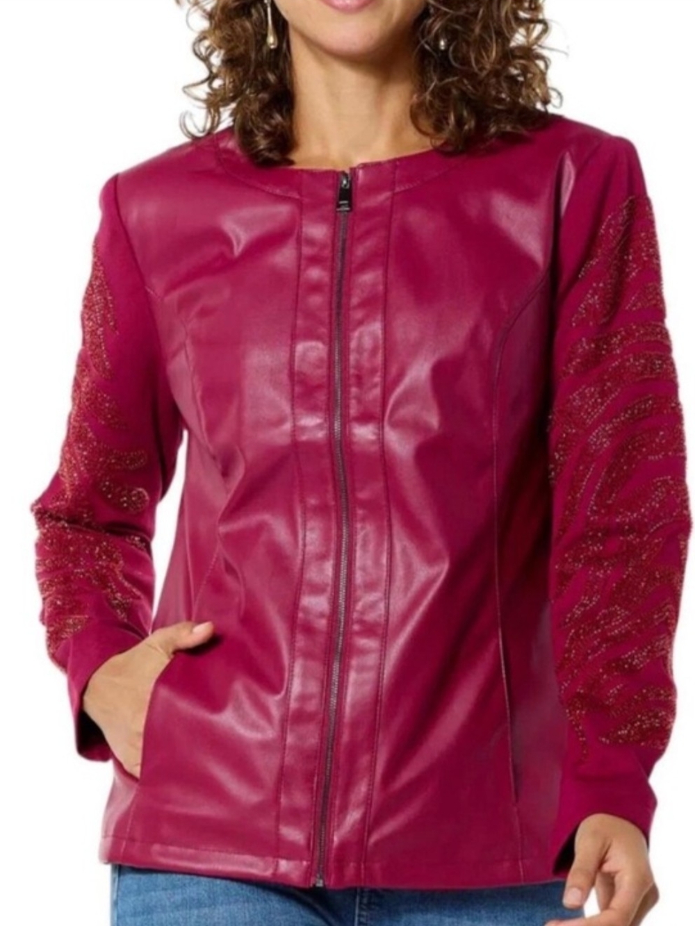 Colleen Lopez Women's Faux Leather Moto Jacket w/Beaded Sleeves Beet Color Sz S
